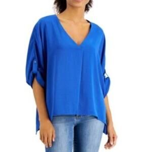 Willow Drive Women's Roll Tab Sleeve V-Neck Relaxed Fit Blouse Size XL Blue